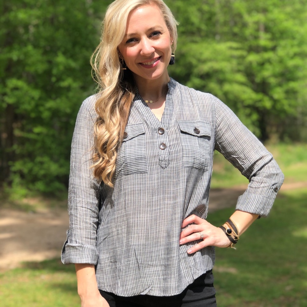 Cute Top Front Pocket Stripe Charcoal Ivory